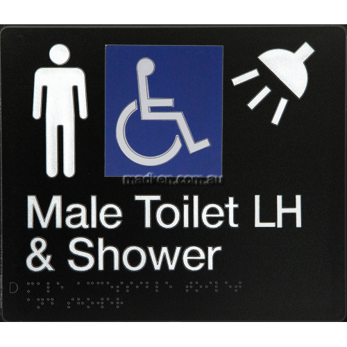 View MDTSLH Accessible Male Toilet Left Hand and Shower Sign Braille details.