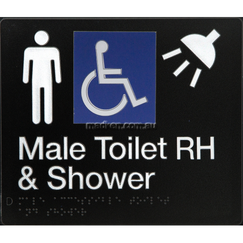 View MDTSRH Accessible Male Toilet Right Hand and Shower Sign Braille details.