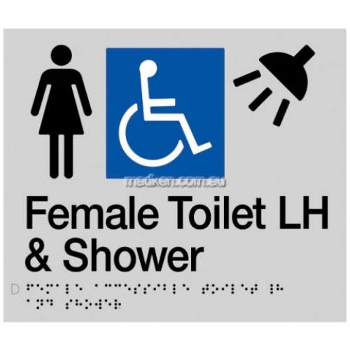 View FDTSLH Female Accessible Toilet Left Hand and Shower Sign Braille details.