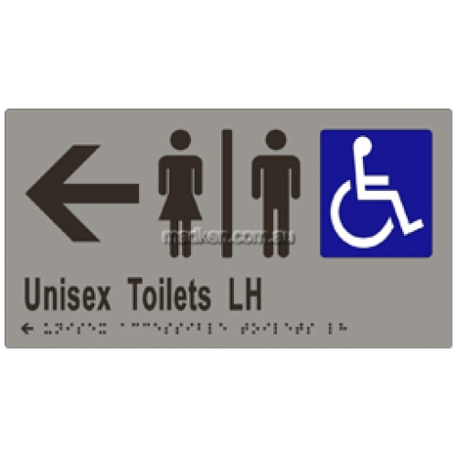 View ML16230 Braille Sign Unisex Accessible Toilets Divided LH and Arrow details.