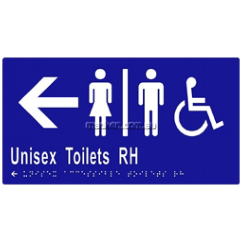 View ML16231 Braille Sign Unisex Accessible Toilets Divided RH with Arrow details.